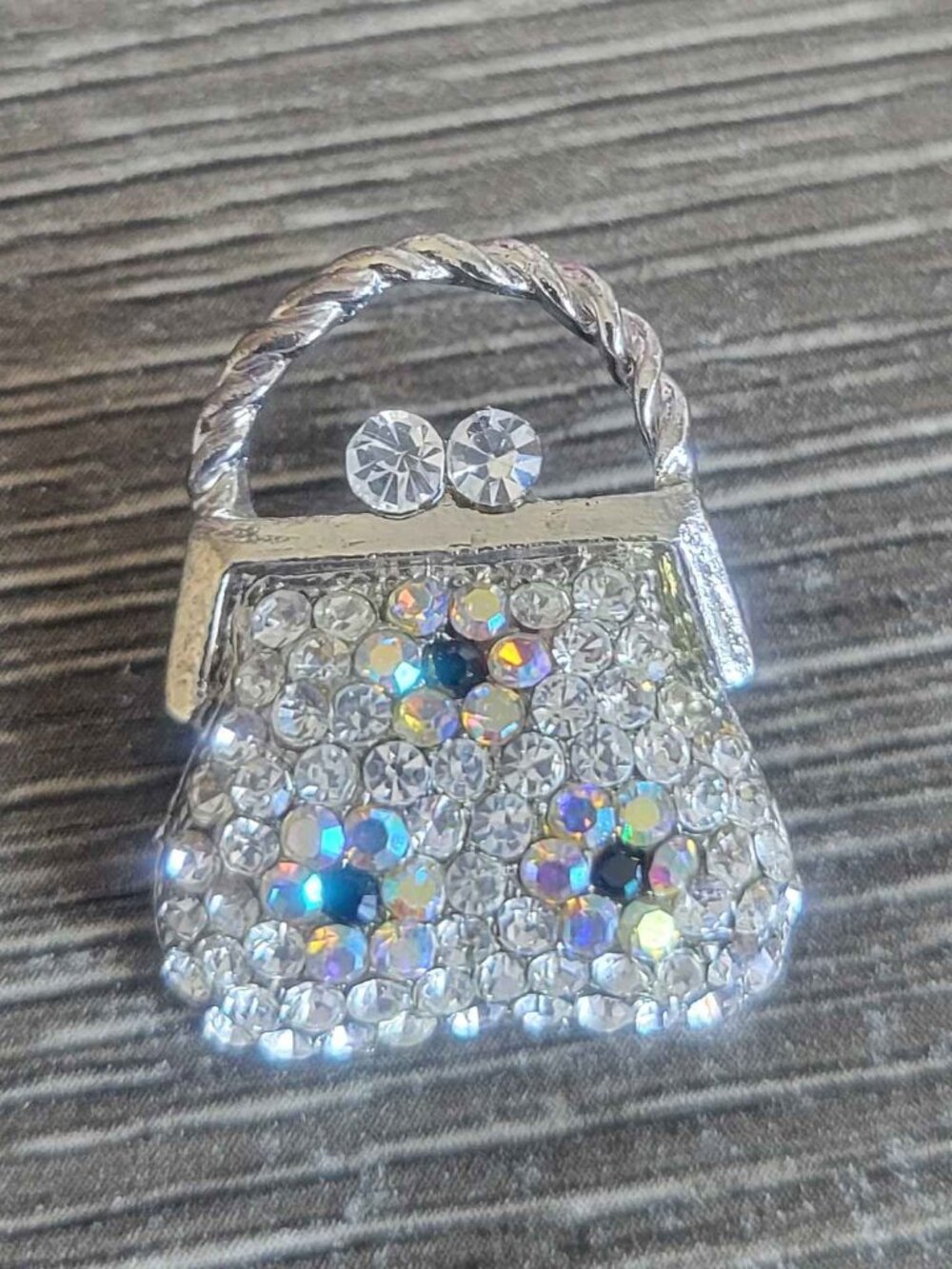 VINTAGE silver-tone rhinestone purse brooch pin